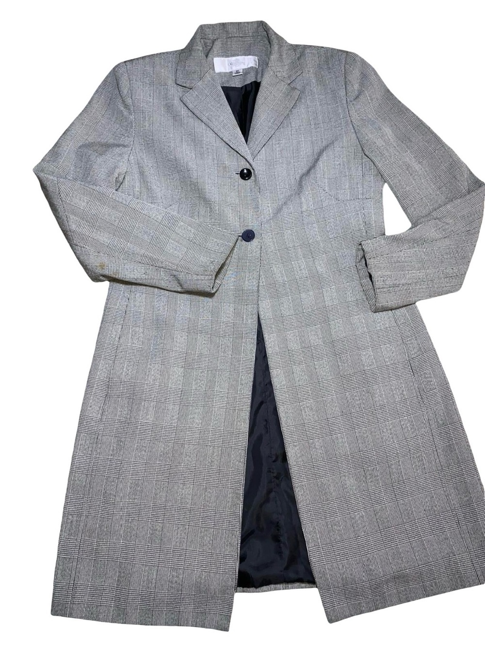 Oleg Cassini Vintage Glen Plaid Long Blazer Jacket Coat Dark Academia Gray STAIN